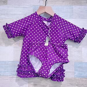 RUFFLEBUTTS 2 Piece Rashguard Swimsuit Purple White Polka Dot Toddler Girl 3T